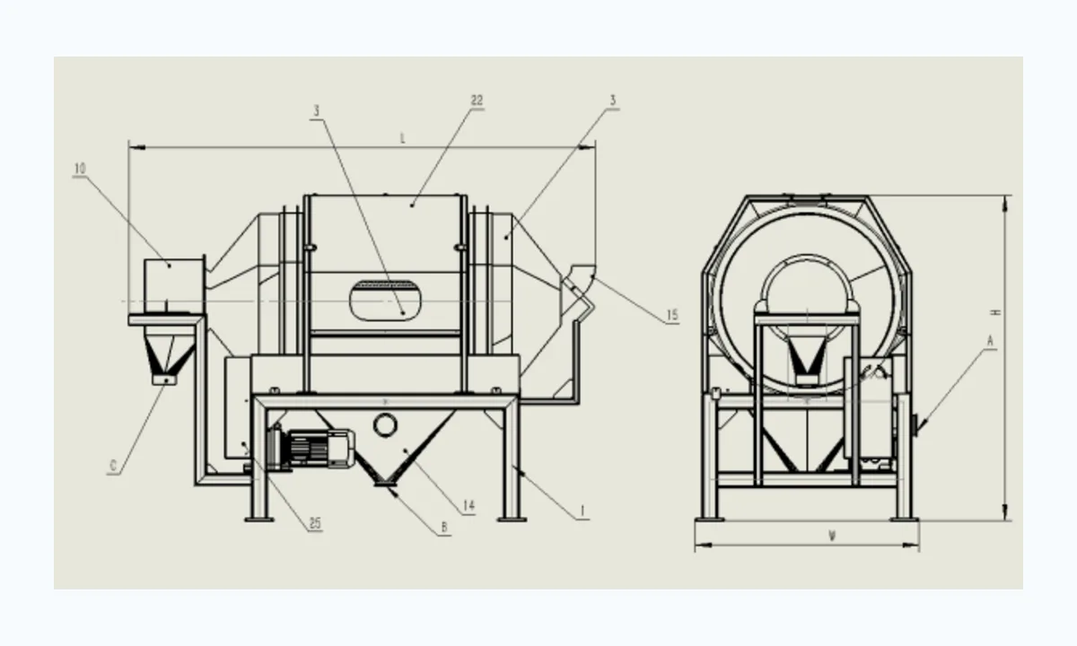 Mix sifter layout drawing showing side and front views with L, W, and H reference dimensions